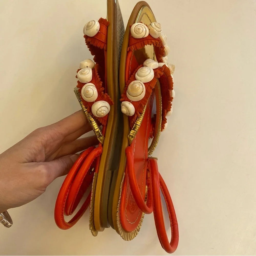 Tory Burch || Sinclair‎ Seashell Sandal Strappy Fringe Gold Orange Red 7.5